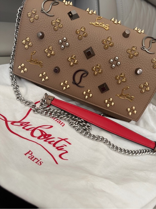 Christian Louboutin Handbags - Christian Louboutin Taupe Pebbled Leather Studded Crossbody with Red Strap